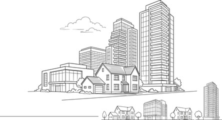 Naklejka premium Professional black vector architecture illustration of modern urban skyline with residential house and standalone building design icons