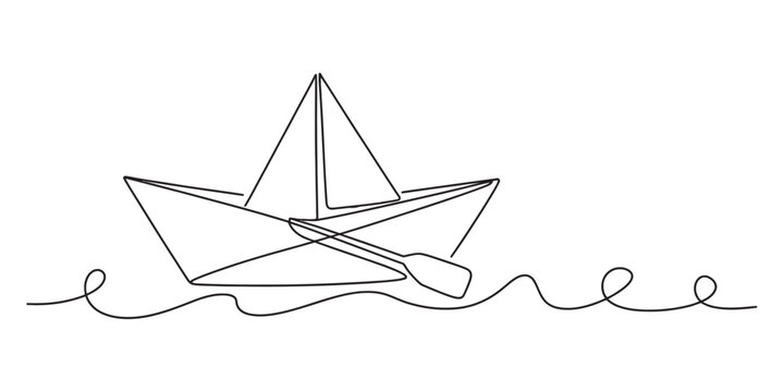 Minimalist black and white sketch of a paper origami boat with an oar on a wavy line. Vector, illustration