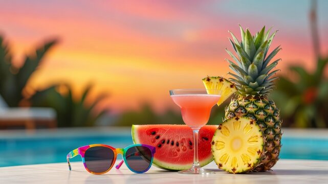 Summer vacation cocktail drink with pineapple, watermelon, and sunglasses poolside at sunset