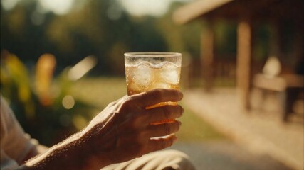 Hand holding refreshing iced tea with ice in a glass, enjoying relaxing summer afternoon light outdoors