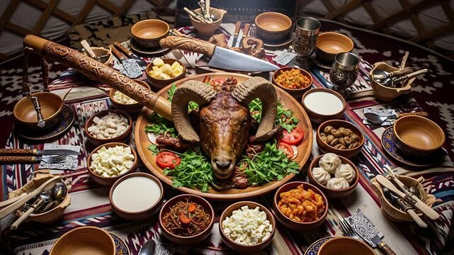 Royal Feast: A lavish banquet, a culinary spectacle in the heart of a vibrant culture. The table is adorned with a roasted ram's head as the centerpiece.
