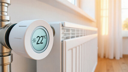 Fototapeta premium Smart thermostat on a modern white radiator regulating home temperature for energy efficiency and comfort