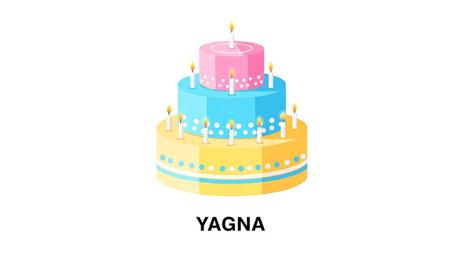 A colorful three-tiered cake with candles on a white background with the name yagna written below it.