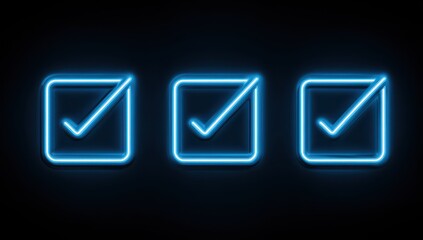 Fototapeta premium Three Glowing Blue Neon Checkmarks on Black Background, Modern Design.