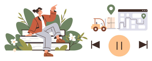 Fototapeta premium Logistics, route optimization, delivery services, supply chain, e-commerce, and navigation. A woman sits on books, map with location pins forklift and control icons. Logistics and delivery services