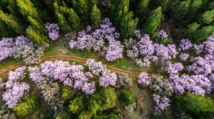 Obraz premium View of Cherry Blossom Forest With Pink Trees and Green Foliage Captured From Above in Springtime Sunlight