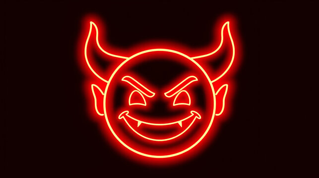 Outline neon devil emoji icon. Glowing neon evil emoticon with horns and smile, demon face pictogram