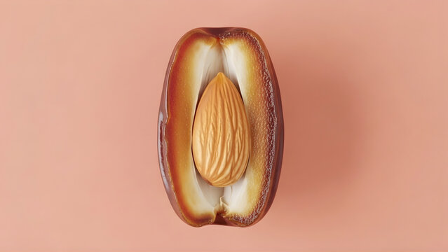 Split Date Close Up Showing Pit on Pink Background, Ramadan Snack