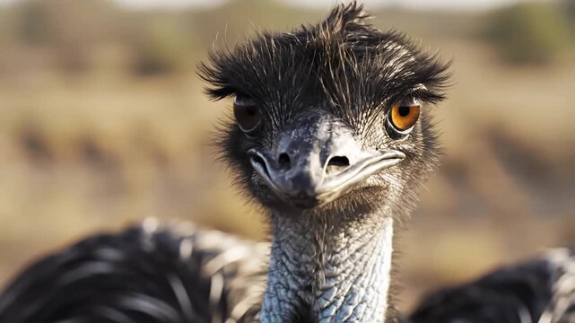 Closeup portrait of an emu bird with detailed feathers and intense eyes showcasing its unique texture and wild nature in a natural outdoor environment.