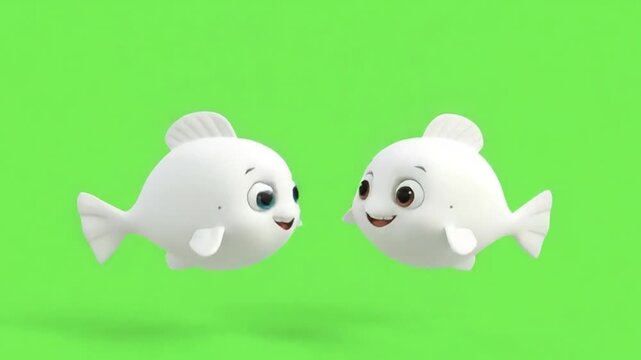 Cute White Fish Couple Facing Each Other on Green Background