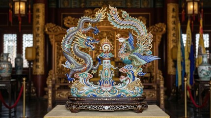 Fototapeta premium Imperial dragon and phoenix porcelain sculpture, balanced symmetrical composition, layered glaze craftsmanship, refined gold detailing, palace heritage masterpiece 