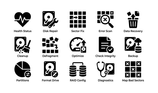 Hard drive maintenance icons: repair, defragment, backup, diagnostics, data recovery symbols