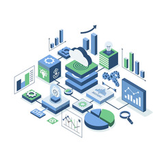 Fototapeta premium Isometric illustration of data analytics, cloud computing, and business intelligence processes with charts and graphs.