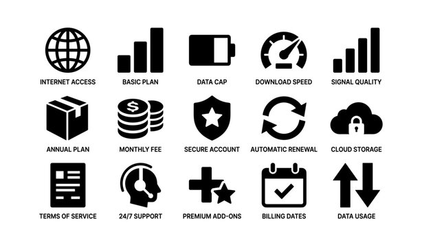 Internet service icons: plan, speed, secure access, cloud, support