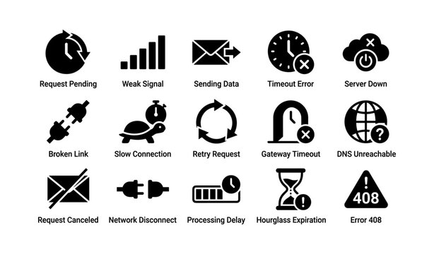 Internet and network connection error icons including timeout and server down issues