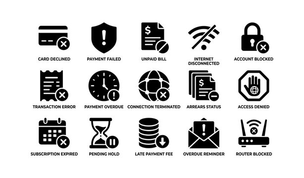 Icons depicting payment and connection issues with symbols of errors and alerts