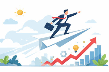 Businessman Flying on Paper Plane Towards Success and Growth Concept. Ambitious Professional Leading Startup Progress with Visionary Leadership, Financial Achievement, and Innovative Strategy Goals.