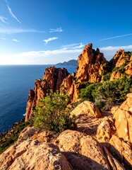 Rugged reddish-orange cliffs meet a blue sea under a clear sky, scattered vegetation