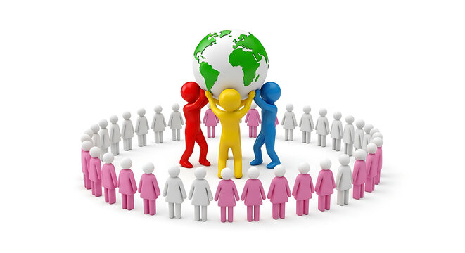 Diverse group of people standing together around the world symbolizing unity and global connection.