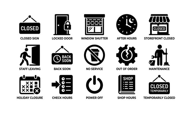 Business closure icons: signs, maintenance, hours, and more