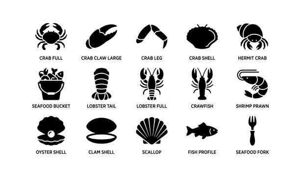 Seafood silhouettes: crab, lobster, crawfish, shrimp, and shells icons
