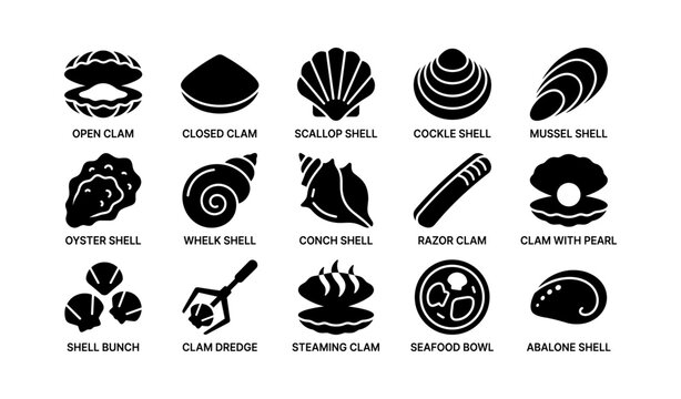 Silhouette icons of various shells and seafood items