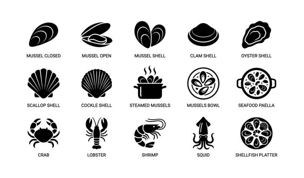 Seafood shell icon collection: mussel, clam, oyster, scallop, crab, lobster, shrimp, squid