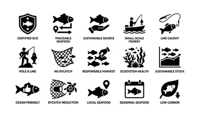 Fototapeta premium Sustainable seafood icons: eco-friendly fishing and harvest practices