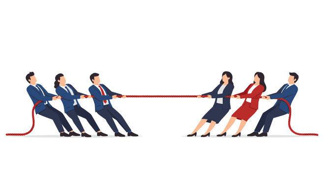 Six business professionals, three men and three women, are intensely engaged in a tug-of-war with a red rope on a pristine white background.