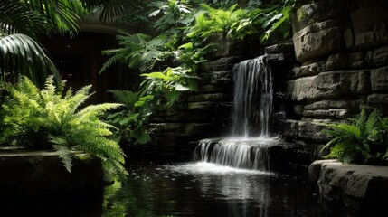A miniature cascading waterfall flows into a tranquil pond amidst lush green foliage and stone