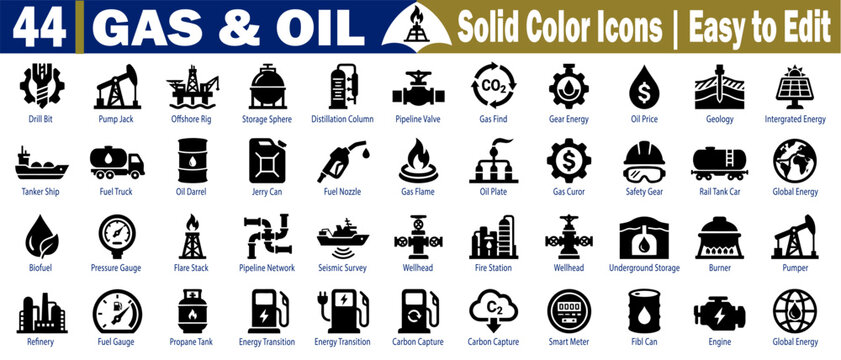Gas and Oil icons. Including offshore rig storage sphere pipeline valve gas flame and carbon capture symbols for industrial energy production vector illustration.