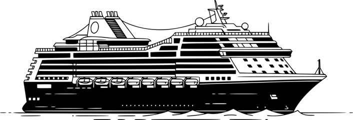 Obraz premium Luxury Cruise Ship on Ocean Flat Vector, Black and White Vacation Cruise Design 