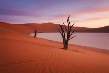 Desert dunes with dead trees at sunset near a calm water body
