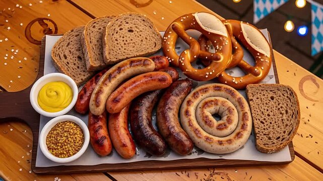 A German Feast: An appetizing arrangement of assorted sausages, soft pretzels, rye bread, and two types of mustard. The textures and flavors are an invitation to indulge in a delicious.