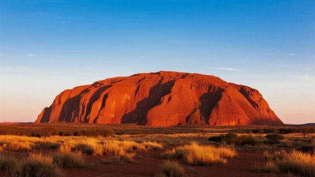 Uluru rock formation at sunset in the Australian desert