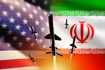 Naklejka na ściany i meble Missiles launching against backdrop of United States and Iran flags. Geopolitical tension, military confrontation and international conflict concept.