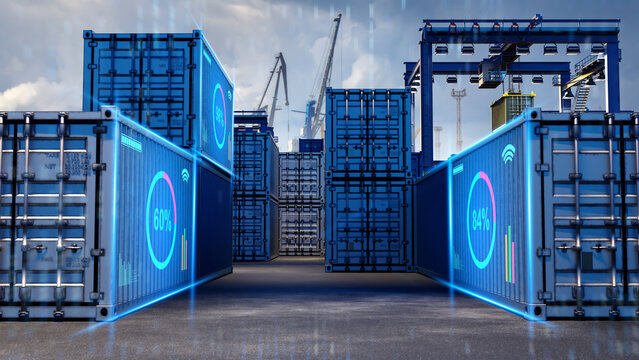 Smart shipping containers with digital tracking interface at port terminal. IoT logistics, real-time cargo monitoring and global supply chain technology concept.
