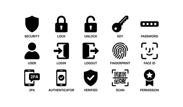 Security icons set: lock, key, fingerprint, face id, login, logout, qr scan