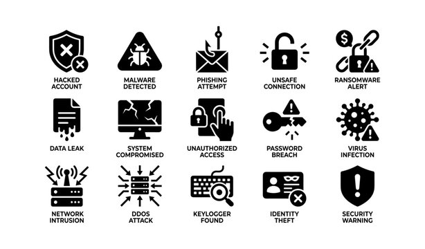 Cybersecurity icons highlighting threats and protection measures