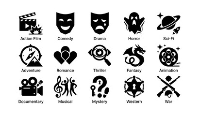 Obraz premium Icons representing different film genres including action, comedy, and sci-fi
