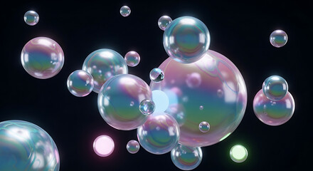 Naklejka premium This enchanting abstract image showcases numerous iridescent, shimmering bubbles of varying sizes floating gracefully against a deep black background, reflecting a captivating spectrum of colors.