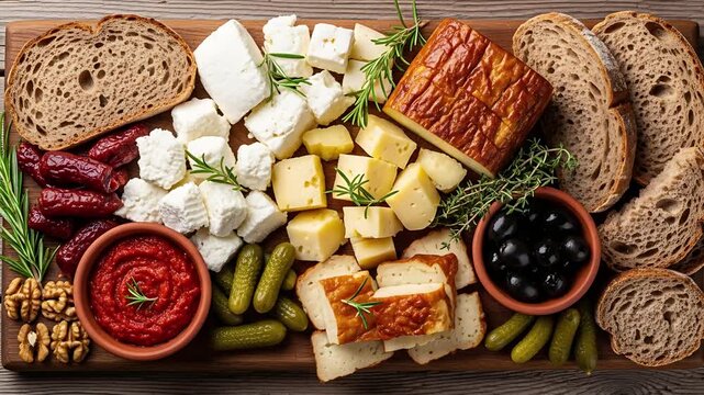 Gourmet Delight: An artisanal cheese board presents a symphony of flavors and textures, with fresh bread and various accompaniments
