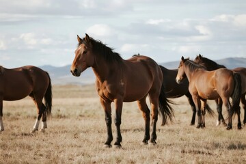 A group of brown horses standing in a dry grassland with mountains in the background