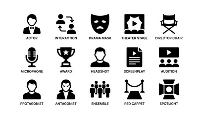 Fototapeta premium Theater icons set: actor masks, microphone, director chair, award trophy, headshot, red carpet, spotlight