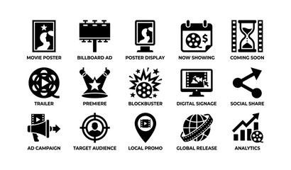 Fototapeta premium Cinema promotion icons: movie poster, billboard ad, now showing, coming soon