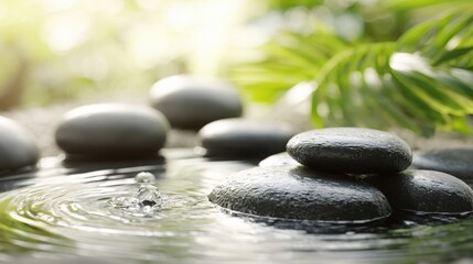 Fototapeta premium Smooth, rounded spa stones resting in gentle, flowing water with soft green foliage and sunlight
