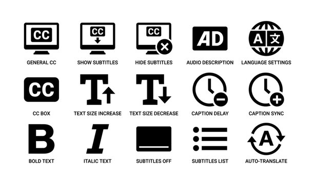 Accessibility icon set: captions, subtitles, audio description, language settings