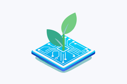 A green plant growing from a blue circuit board symbolizing growth