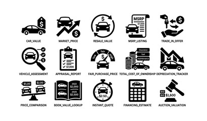 Fototapeta premium Automotive valuation icons: car value, market price, resale, and trade-in offer analysis