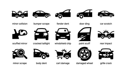 Obraz premium Car damage icons: collision, dents, scratches, impacts, cracks